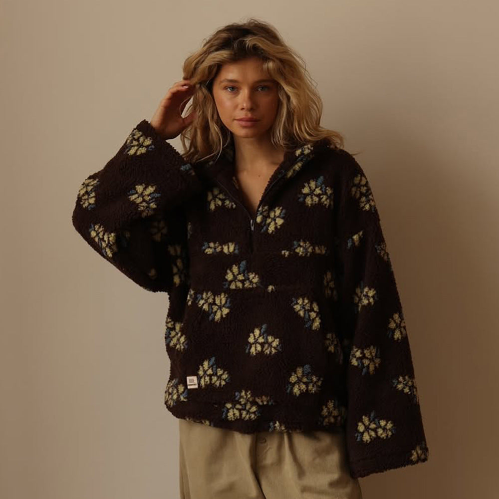 Maglione donna soffice floreale effetto teddy, caldo e cozy per autunno/inverno.