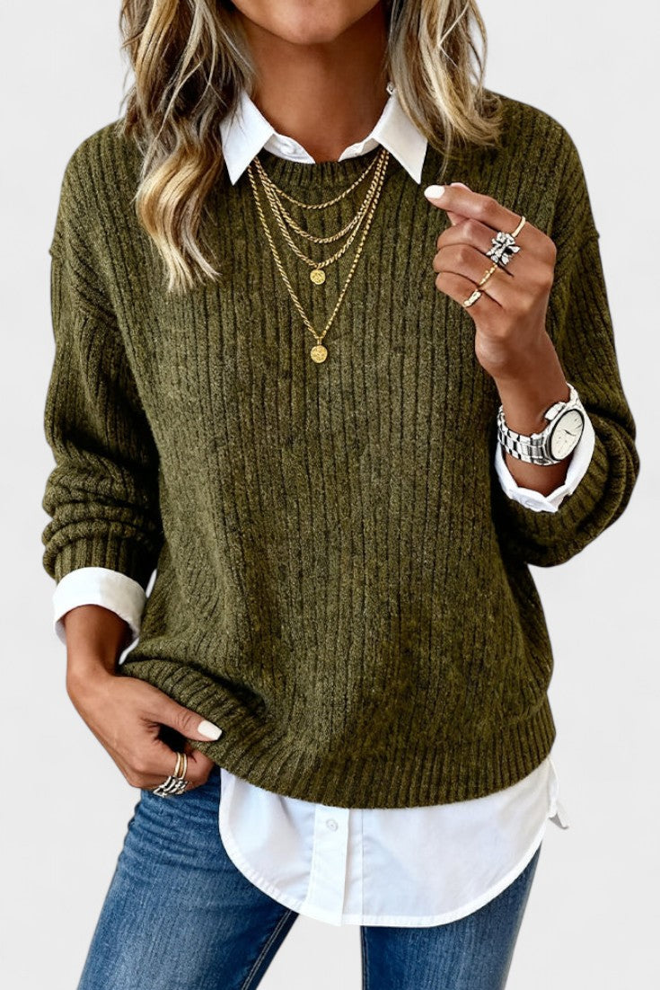 Caldo maglione donna a coste girocollo, elegante e versatile per look invernali e outfit quotidiani.