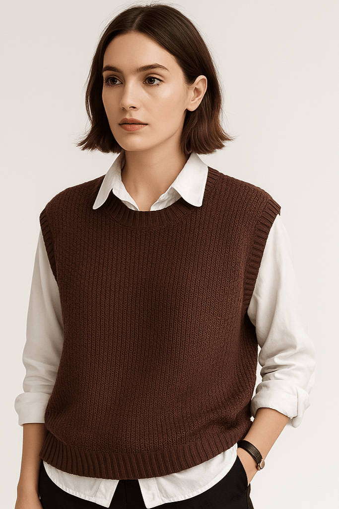 Gilet donna casual chic, in maglia girocollo, ideale per stratificare. Moda femminile senza maniche.