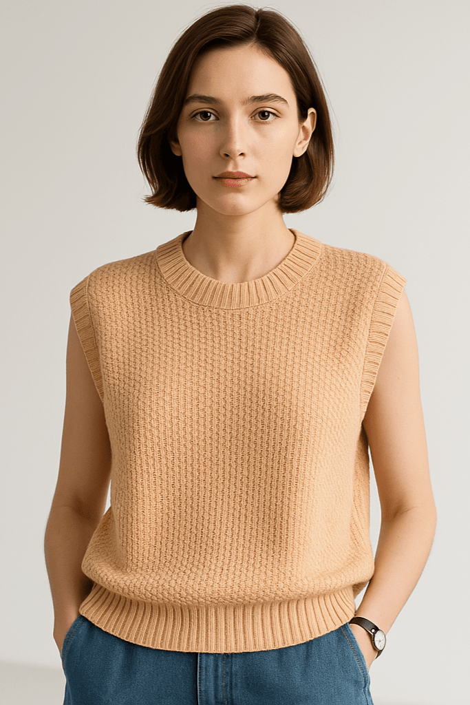 Comodo gilet donna in maglia fine, girocollo, con bordi a coste. Perfetto per abbigliamento elegante.