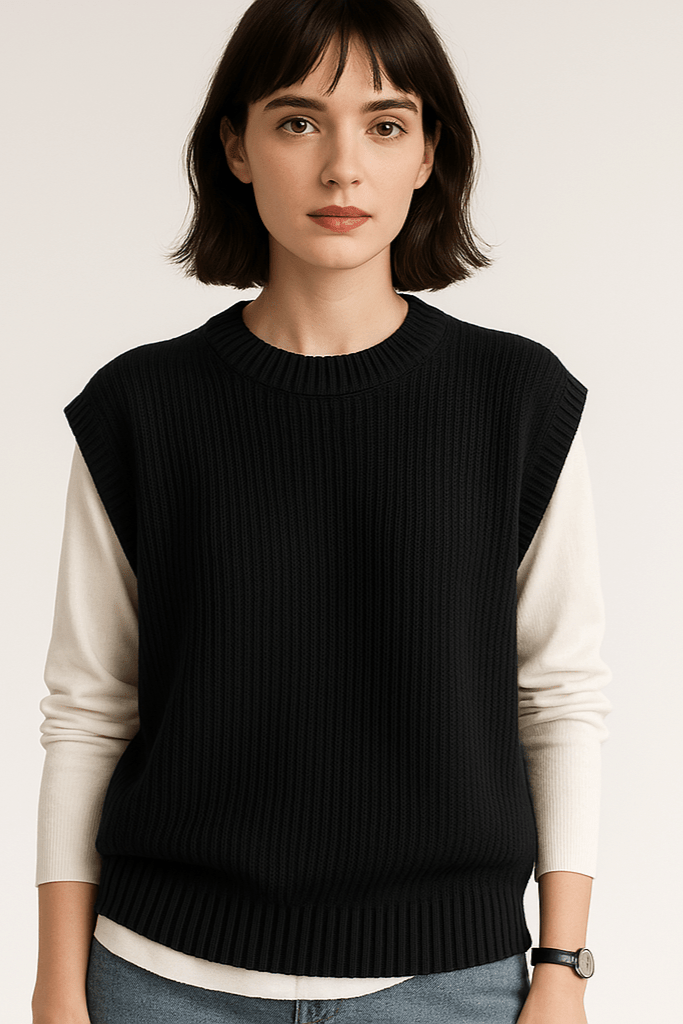 Gilet donna senza maniche, in maglia girocollo, per outfit casual o look sofisticati. Moda versatile.