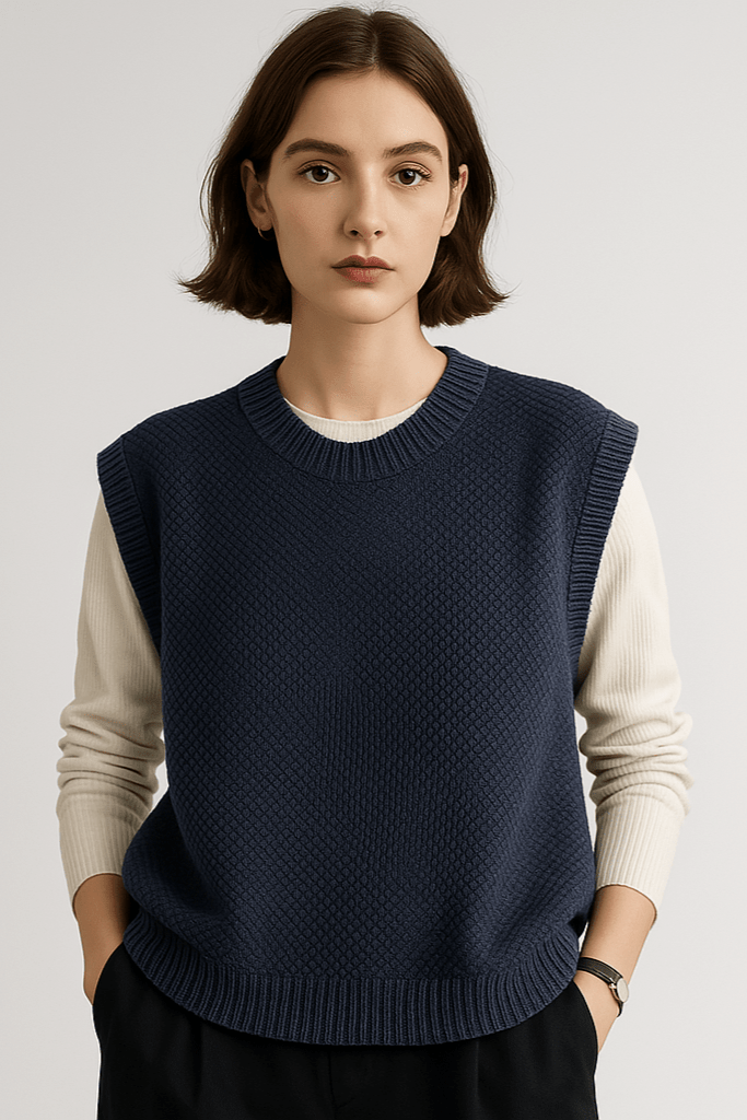 Moda donna: gilet in maglia girocollo con dettagli a coste. Capo senza maniche ideale per ogni stile.