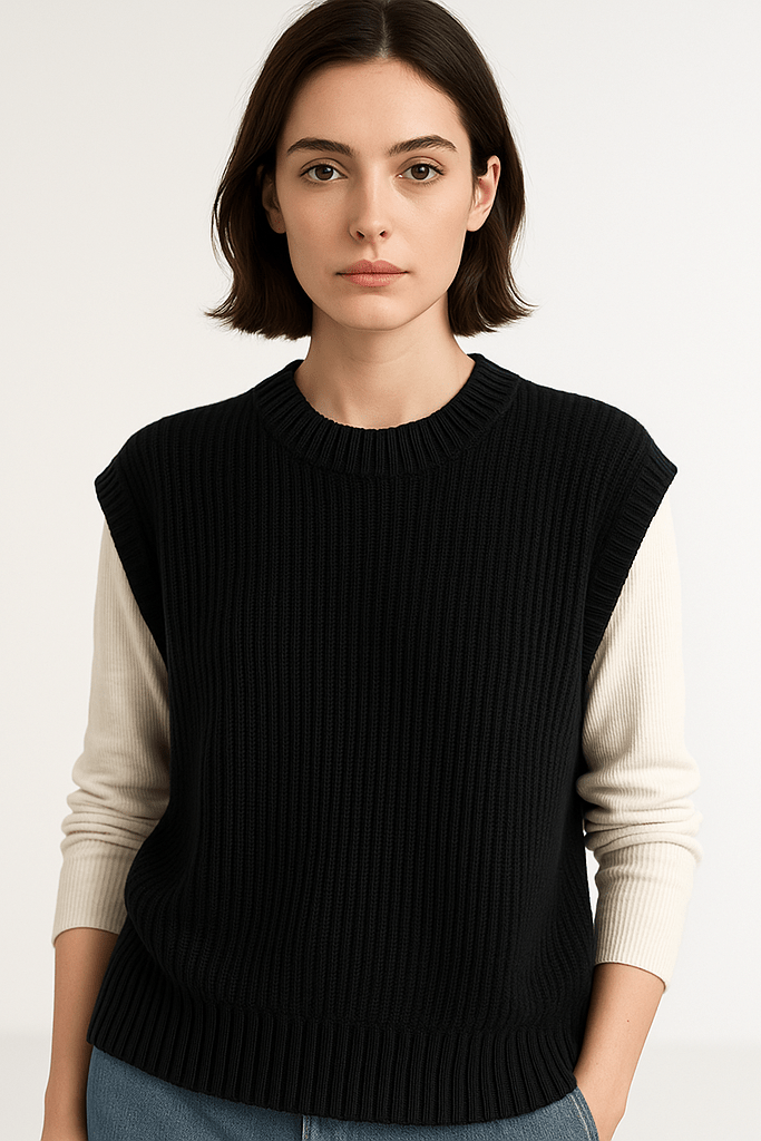 Elegante gilet donna in maglia girocollo, perfetto per la stratificazione. Moda senza maniche, chic.