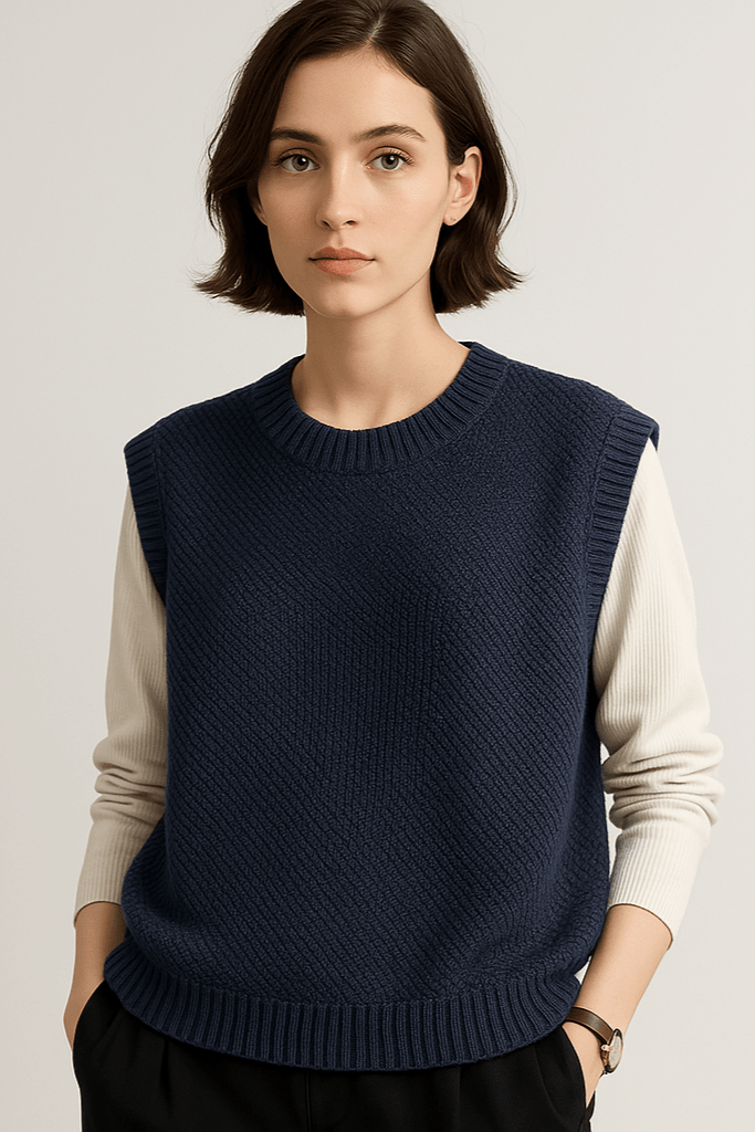 Gilet donna in maglia fine, girocollo, con bordi a coste. Abbigliamento versatile per look casual chic.