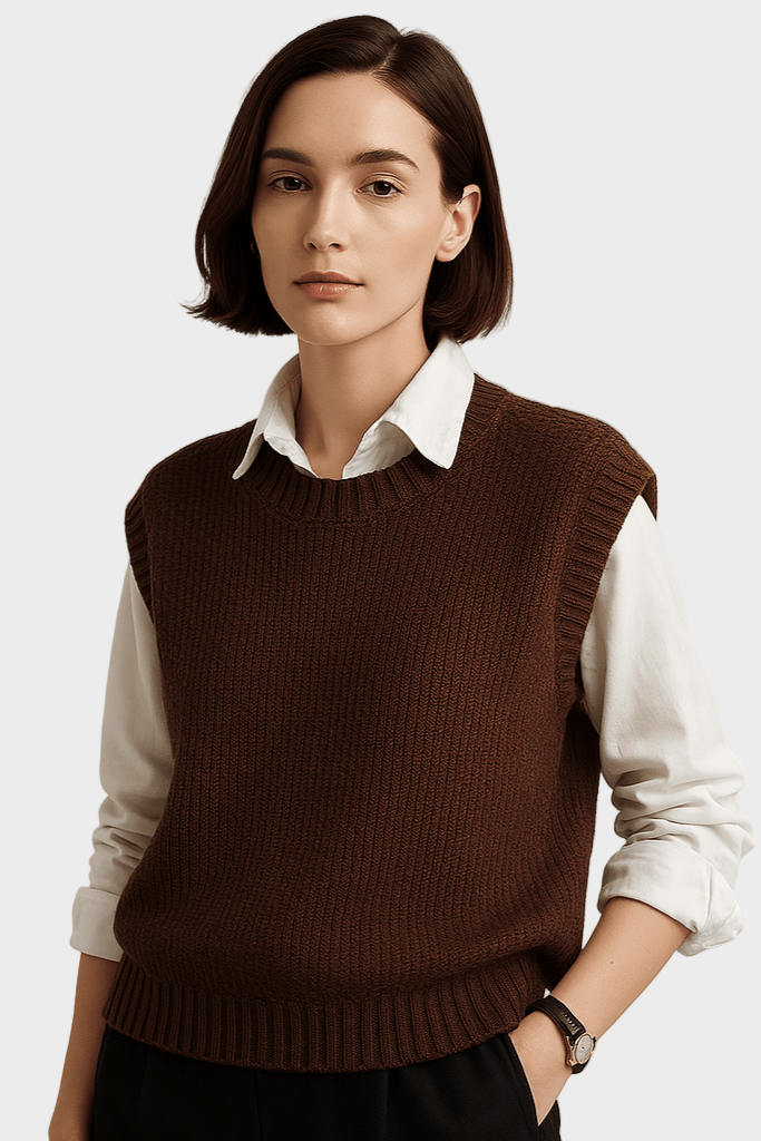 Gilet donna in maglia girocollo con eleganti bordi a coste. Abbigliamento moda senza maniche.
