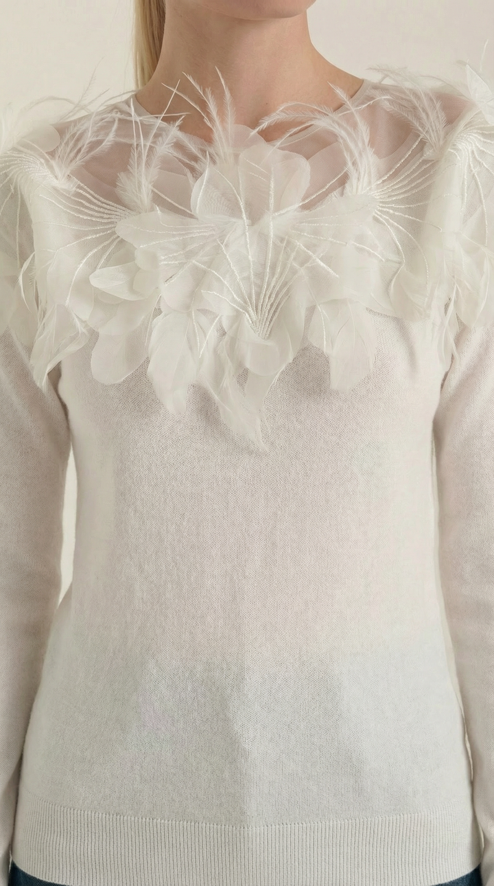 Modella indossa maglione donna elegante girocollo, con piume, ideale per abbigliamento casual chic autunno inverno.