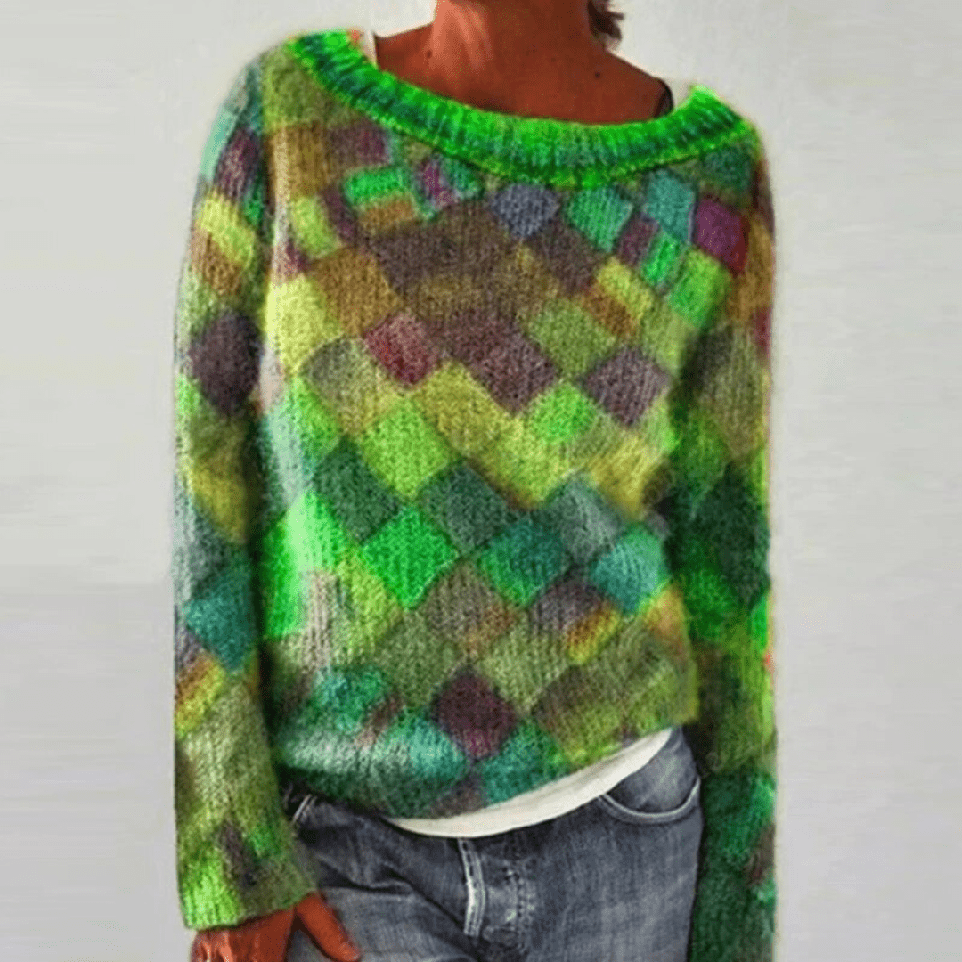 Maglia donna multicolore fashion, con comodo girocollo e maniche lunghe. Stile moda per l'inverno.