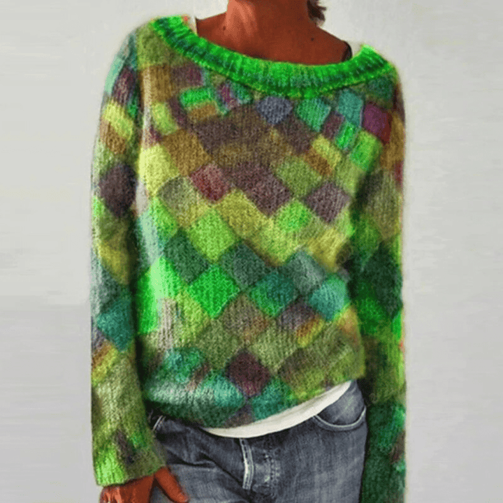 Maglia donna multicolore fashion, con comodo girocollo e maniche lunghe. Stile moda per l'inverno.