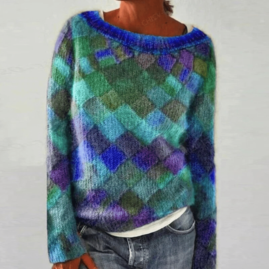 Abbigliamento donna: maglione casual multicolore con girocollo. Morbido e caldo per l'autunno.