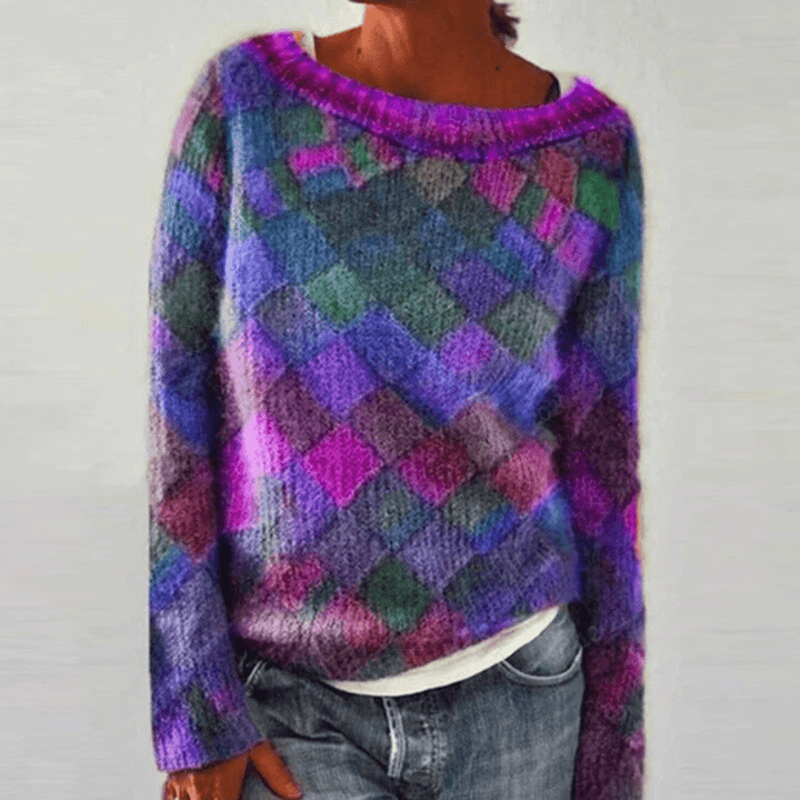 Maglione donna a girocollo, vivace fantasia multicolore. Un capo versatile per la moda invernale.