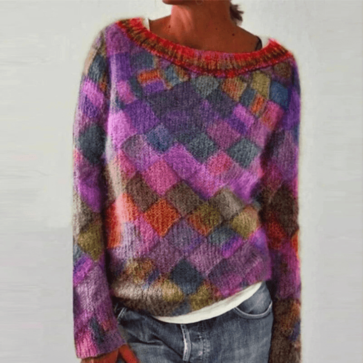 Comfort e stile: maglia donna multicolore a maniche lunghe e girocollo. Essenziale per il guardaroba autunnale.