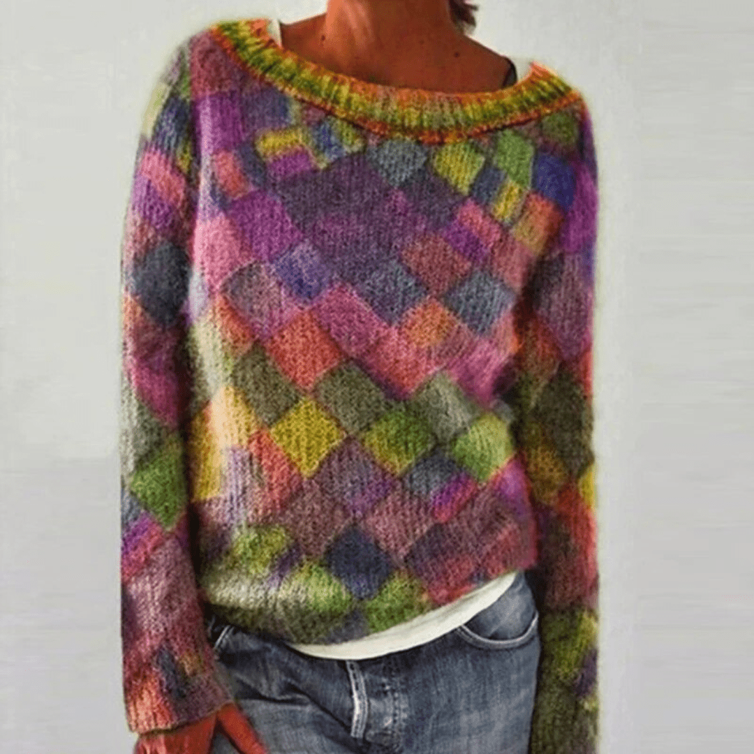 Maglione donna multicolore a girocollo, maniche lunghe. Ideale per outfit casual e comfort in autunno/inverno.