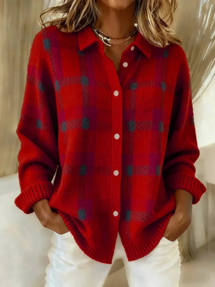 Maglione donna oversize a quadri grigi con colletto bianco a camicia, stile casual chic per moda donna.