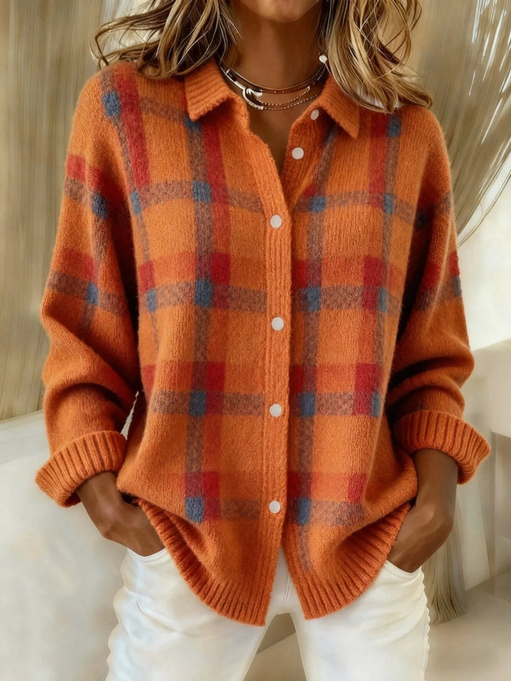 Maglione donna casual chic a quadri, con elegante colletto a camicia, perfetto per l'autunno inverno.