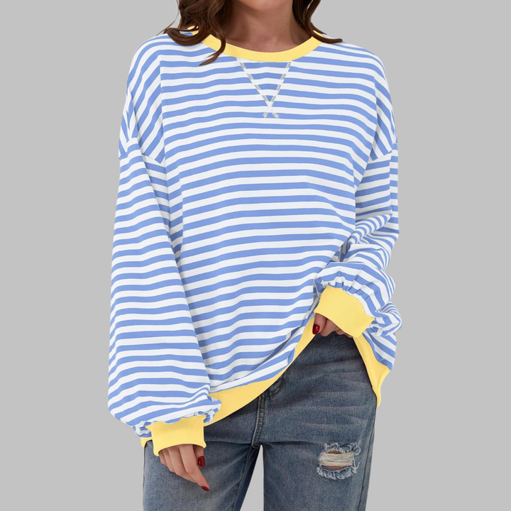 Maglione autunno inverno donna, morbido e confortevole, con design a righe allegre e oversize.
