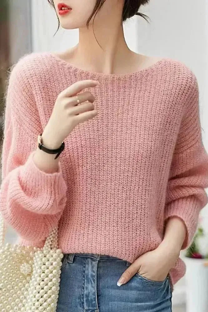 Elegante maglione donna rosa con scollo a barca, morbido e confortevole, taglia unica.