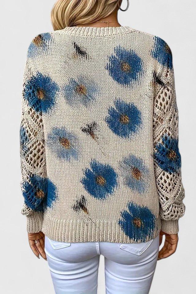 Maglia donna elegante con scollo a V e maniche traforate, design floreale casual per l'inverno.