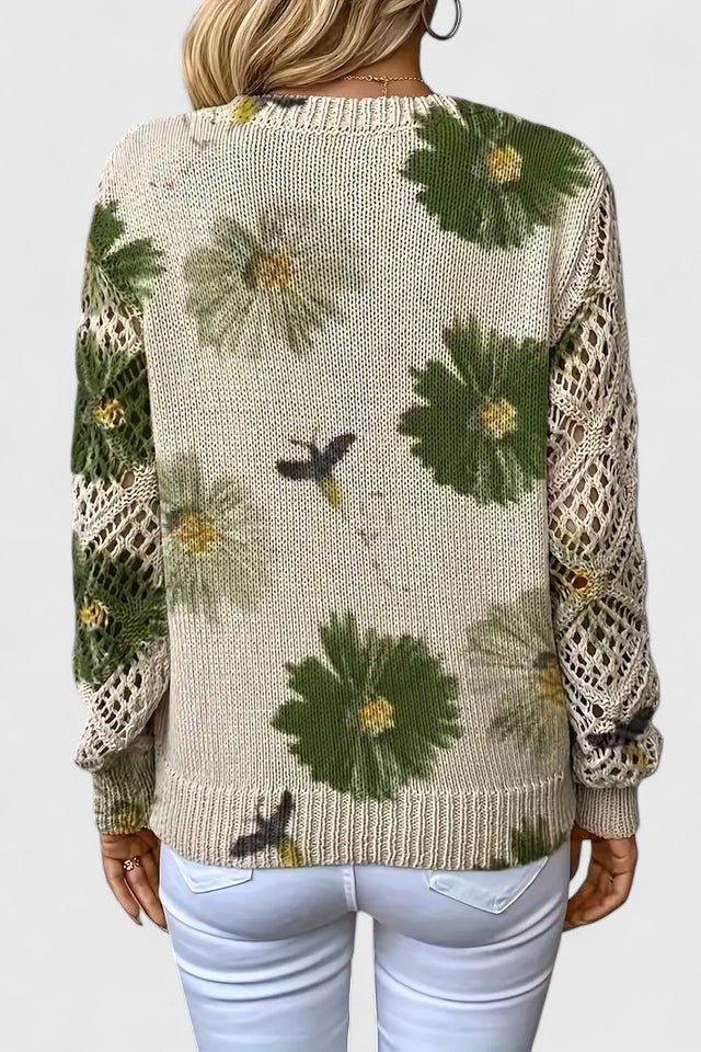 Maglione da donna floreale con scollo a V, ideale per un look casual o elegante in autunno/inverno.