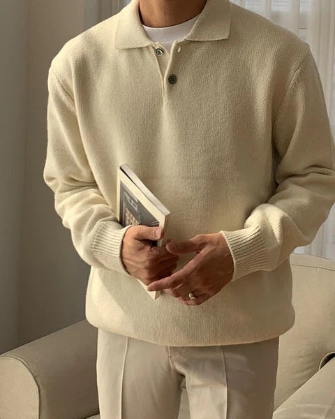 Maglione polo uomo AW, collo a revers, abbinato. Outfit autunno/inverno, stile casual elegante. Comfort e moda maschile.