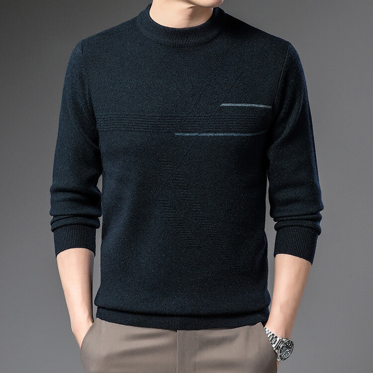 Maglione uomo girocollo blu scuro, maglieria casual per autunno/inverno. Comfort e stile elegante quotidiano.