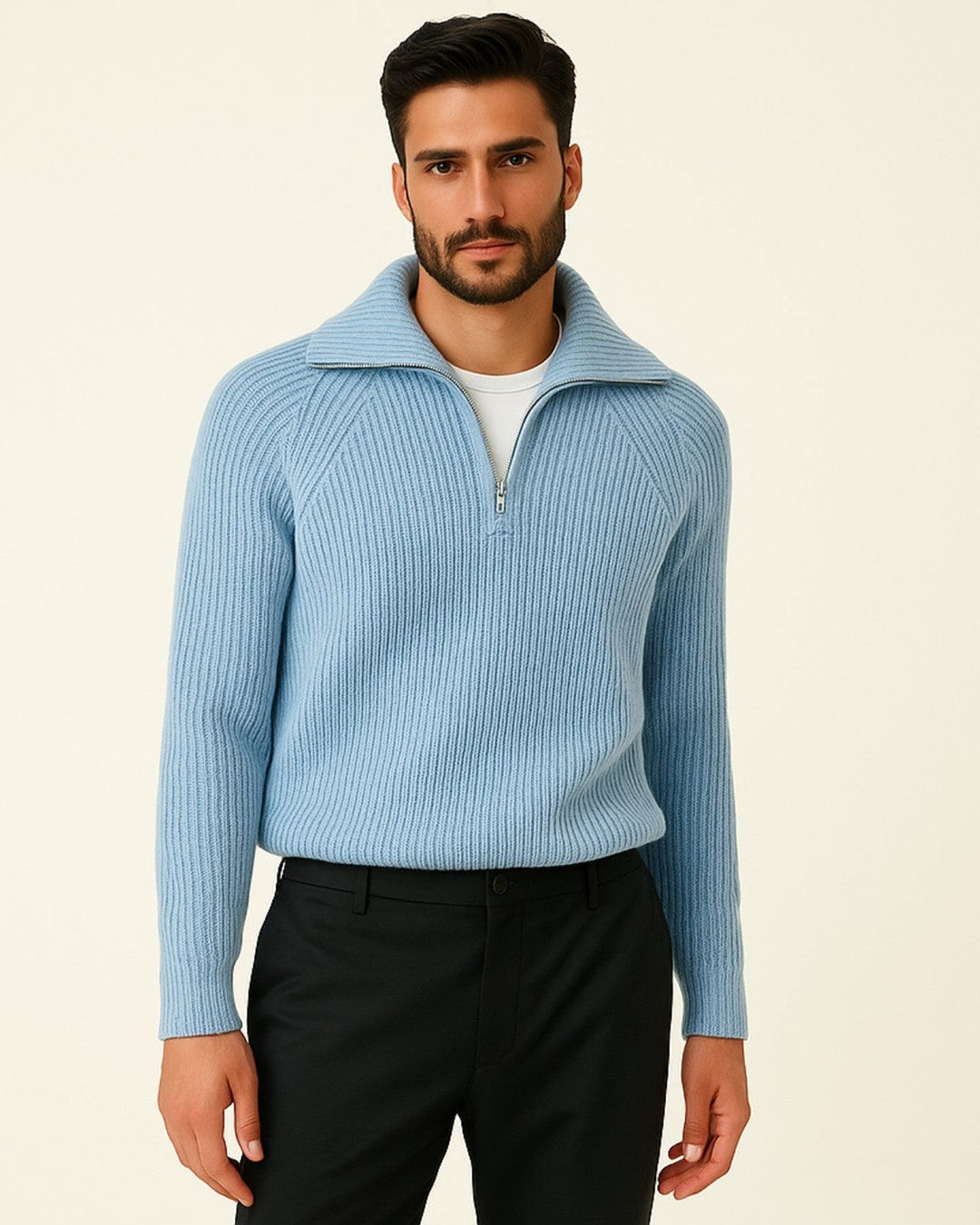 Maglione uomo invernale con lavorazione a coste, mezza zip e colletto ampio, perfetto per l'eleganza casual.