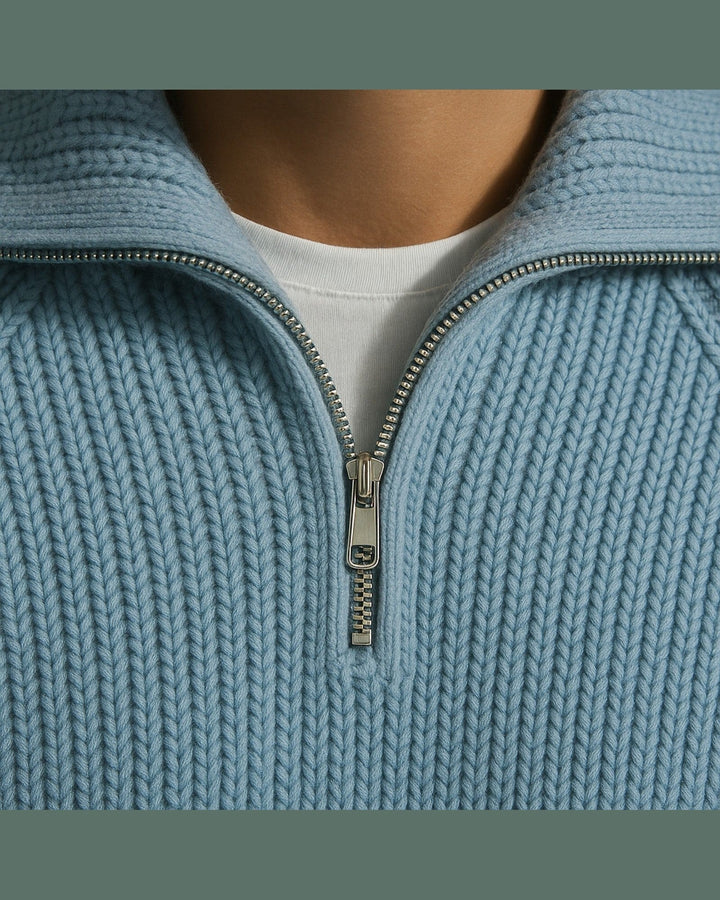Pull uomo casual chic con mezza zip e colletto ampio, un capo d'abbigliamento maschile di moda invernale.