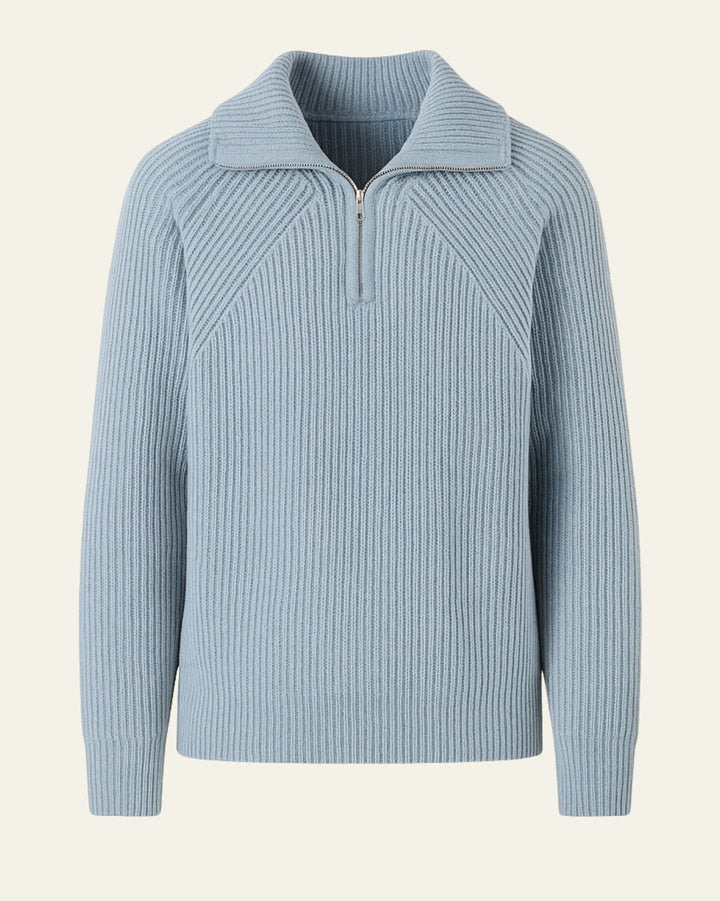 Maglione uomo elegante con mezza zip e colletto ampio, ideale per un look invernale casual chic.