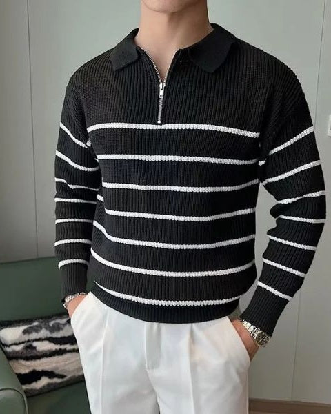 Dettaglio colletto sofisticato e mezza zip di maglione uomo elegante. Maglieria autunnale/invernale di qualità.