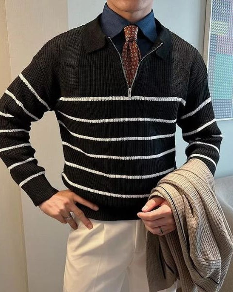 Maglione uomo elegante per autunno/inverno. Mezza zip e colletto revers. Maglieria di tendenza, versatile.