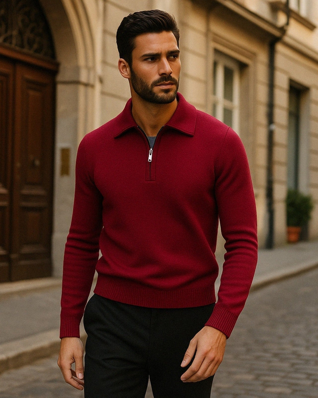 Maglione uomo con zip, versatile per outfit autunno inverno. Eleganza casual e comfort maschile.