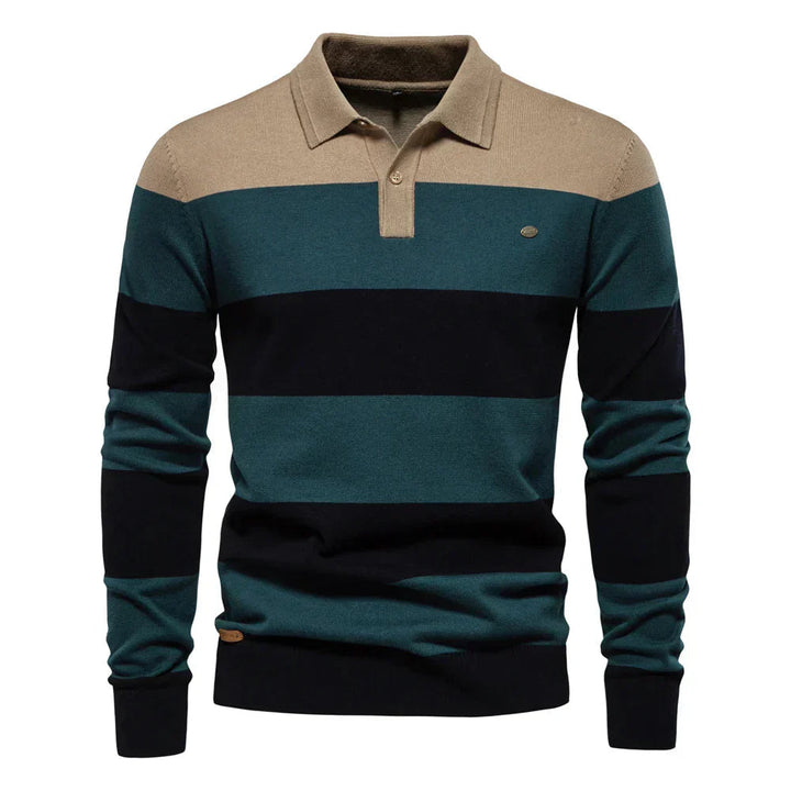 Maglione polo uomo versatile con blocchi colore, perfetto per un look confortevole ed elegante in autunno inverno.