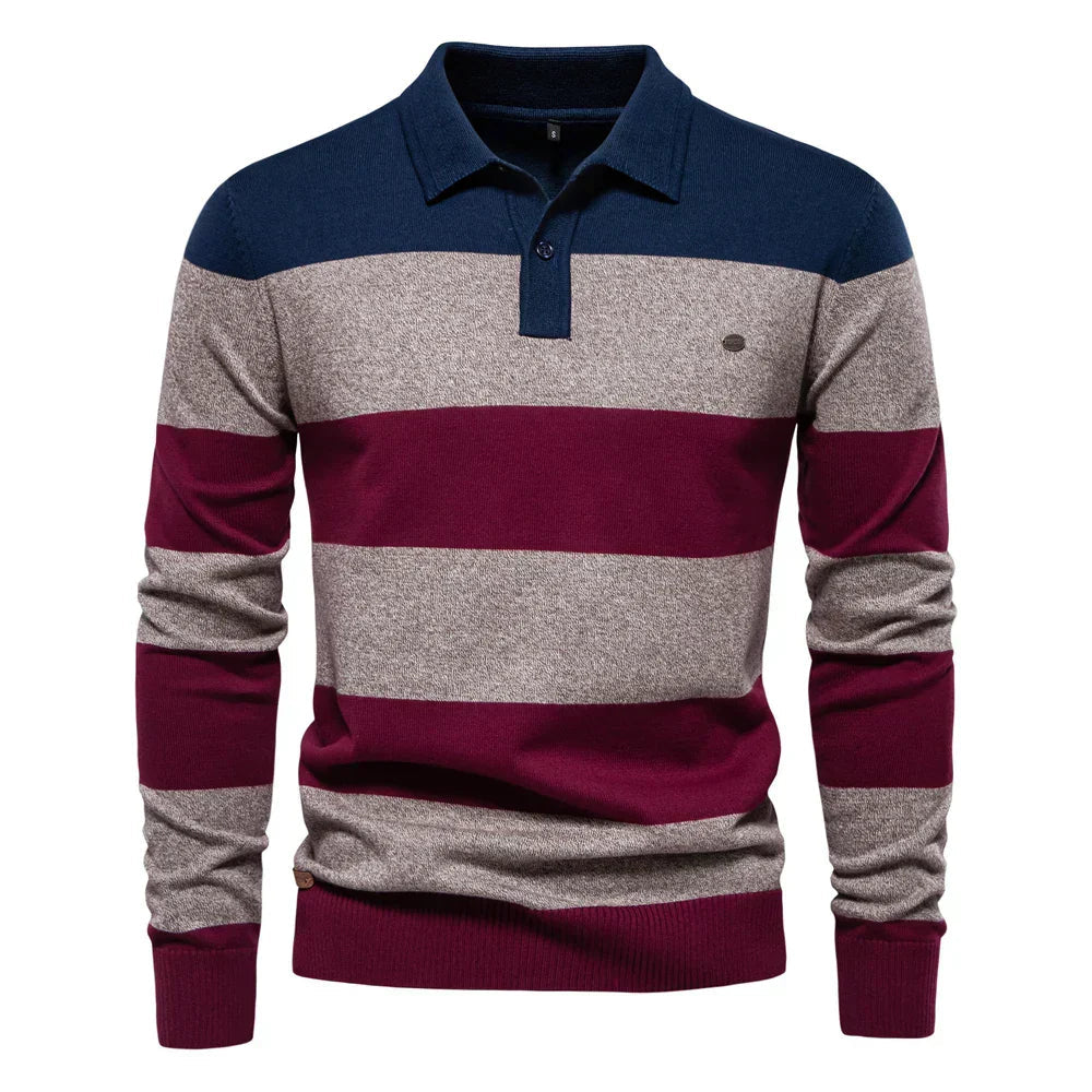Maglione uomo polo elegante a blocchi colore, essenziale per un guardaroba autunnale e invernale di tendenza.