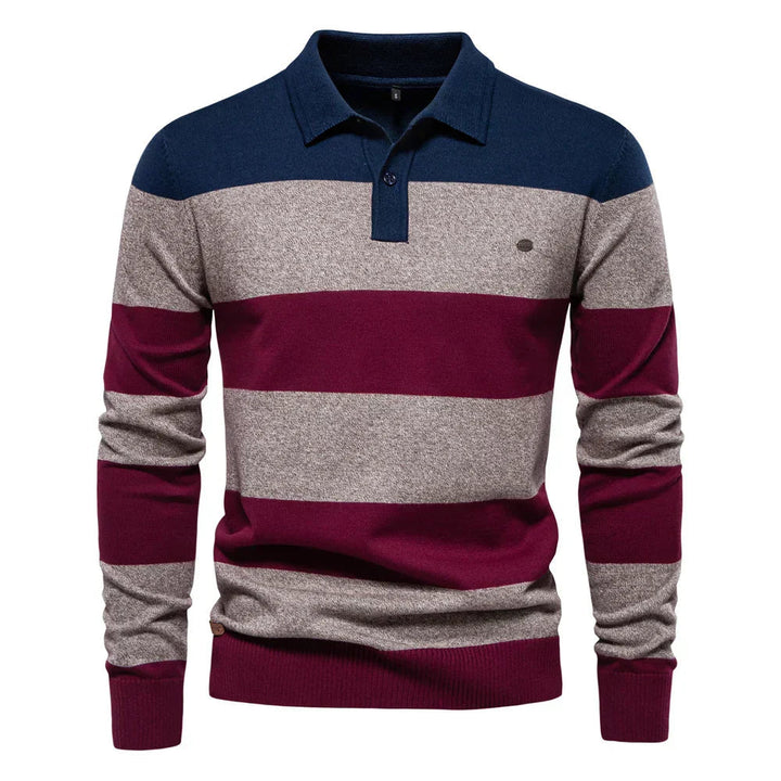 Maglione uomo polo elegante a blocchi colore, essenziale per un guardaroba autunnale e invernale di tendenza.