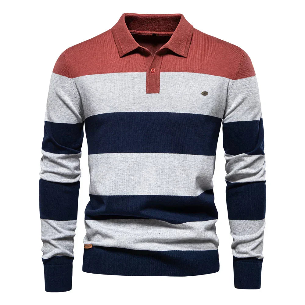 Maglione uomo polo a blocchi colore, manica lunga, ideale per outfit casual-eleganti autunno/inverno.
