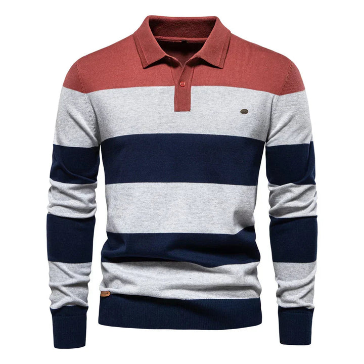 Maglione uomo polo a blocchi colore, manica lunga, ideale per outfit casual-eleganti autunno/inverno.