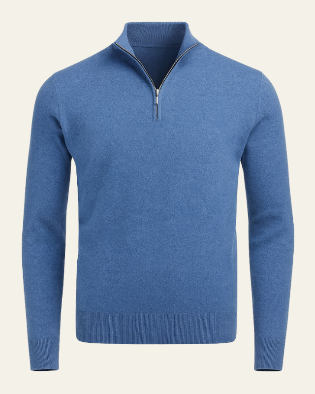 Maglieria uomo autunno inverno: maglione con collo alto e cerniera regolabile, stile casual elegante.