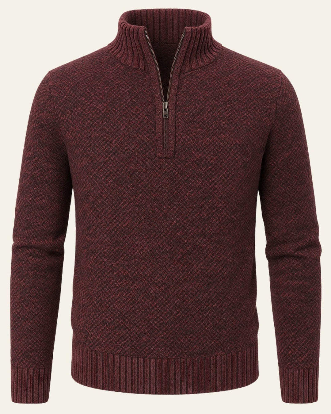 Dettaglio mezza zip e collo alto di un maglione uomo, mostra la qualità della maglieria invernale.