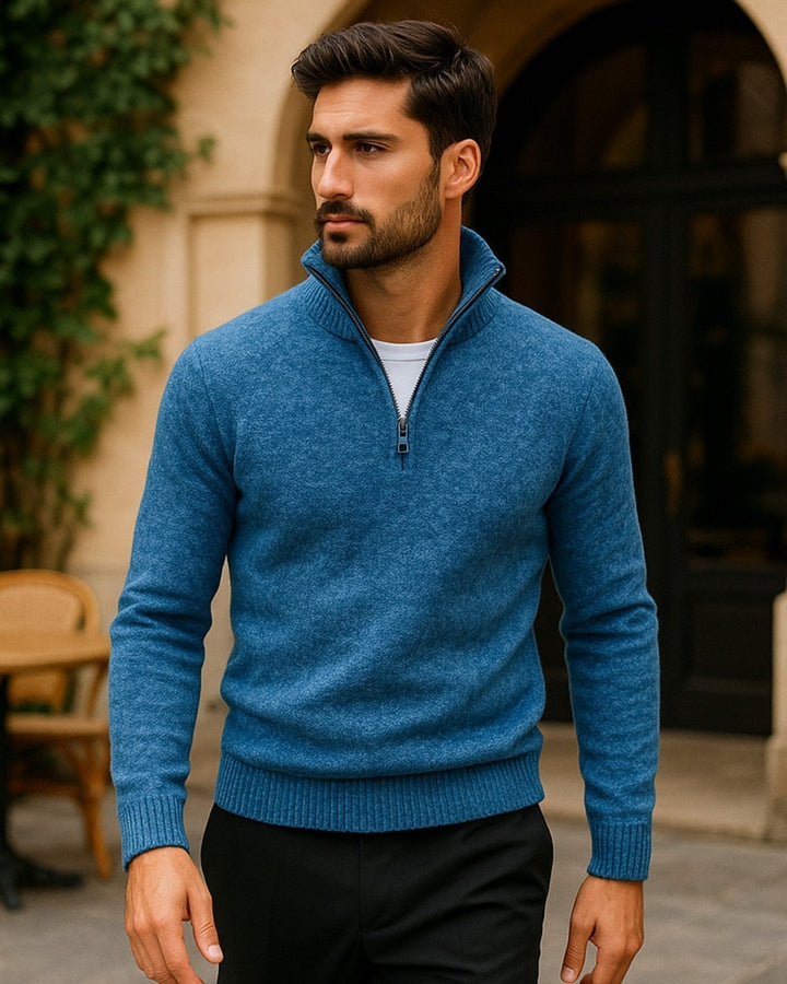 Maglione uomo in maglieria, collo alto regolabile con mezza zip, per un look caldo e alla moda.