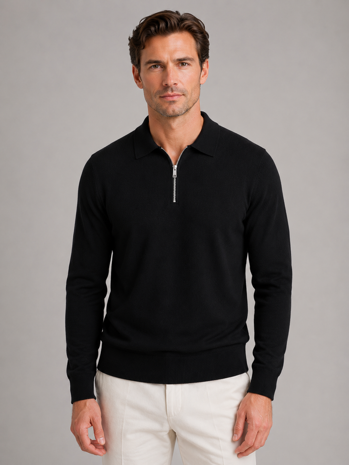 Maglione uomo raffinato collo polo con mezza zip, maglieria elegante e confortevole per l'inverno.