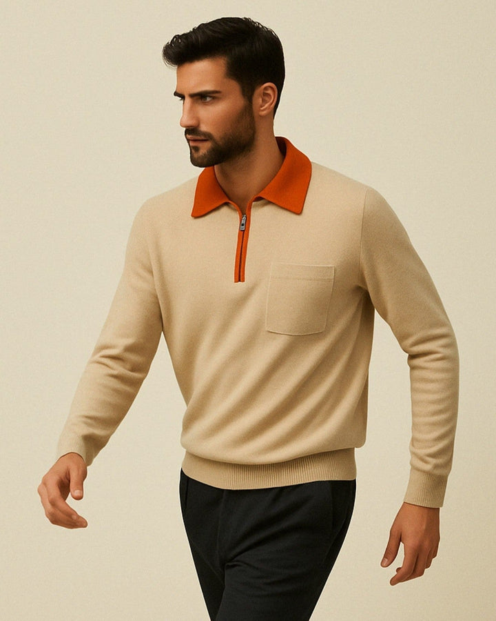 Maglione uomo casual stile polo con zip e taschino, ideale per abbigliamento maschile versatile.