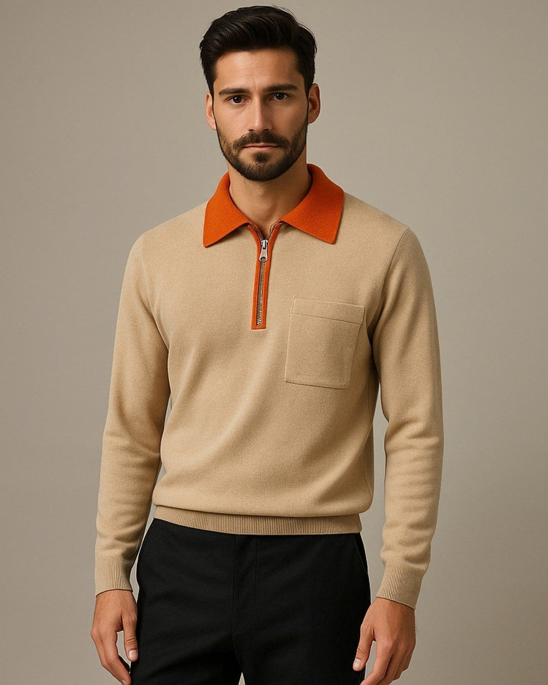 Maglione uomo con zip frontale e taschino, un capo essenziale per la moda maschile invernale.