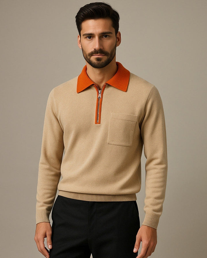 Maglione uomo con zip frontale e taschino, un capo essenziale per la moda maschile invernale.