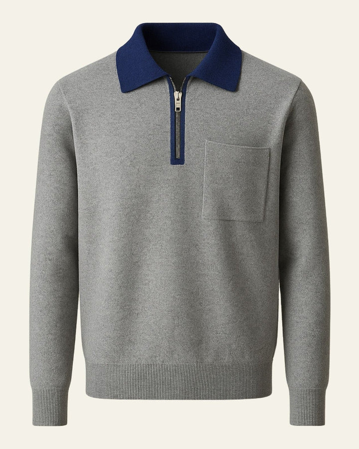 Maglione uomo con collo polo e zip, taschino, stile elegante per l'abbigliamento maschile moderno.