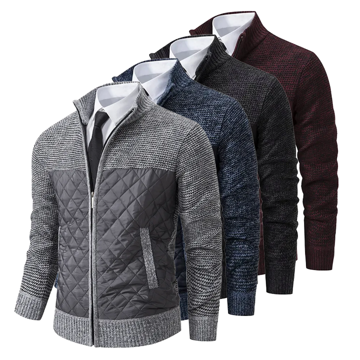 Pullover uomo ibrido grigio scuro con collo alto e zip, ideale per un look maschile caldo e contemporaneo.