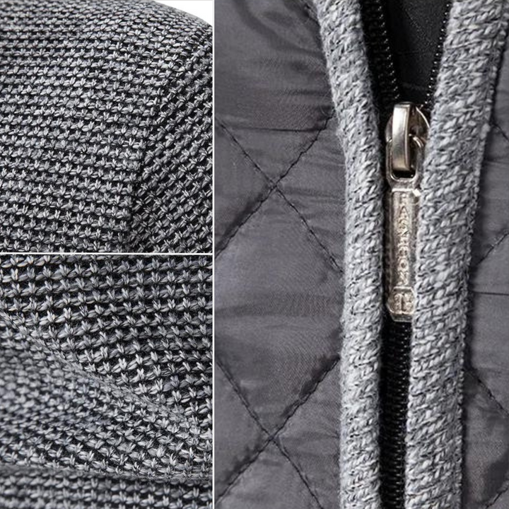 Elegante maglione uomo ibrido con collo alto e zip, ideale per un look casual raffinato e confortevole.