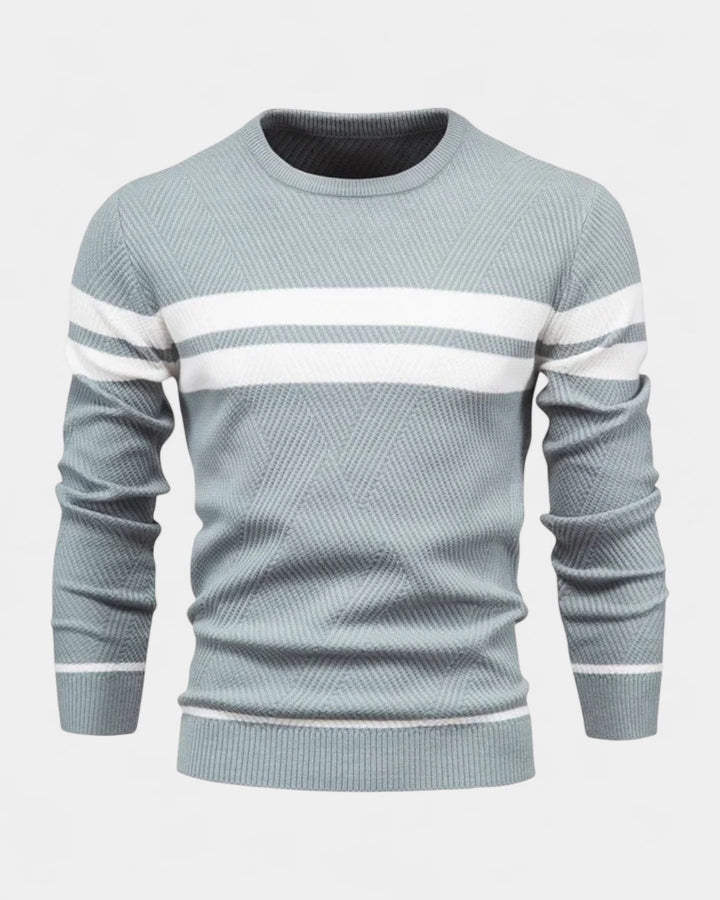 Maglione uomo morbido, maglieria di qualità con girocollo e righe a contrasto. Moda autunno inverno.