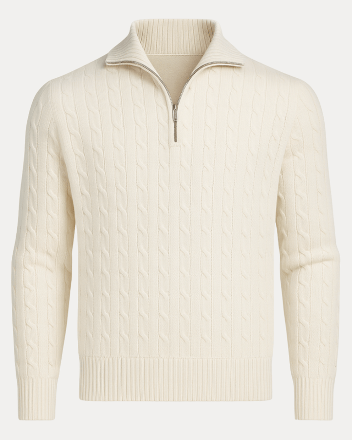 Pullover uomo caldo a trecce con mezza zip, perfetto per abbigliamento maschile versatile e moda autunno inverno.