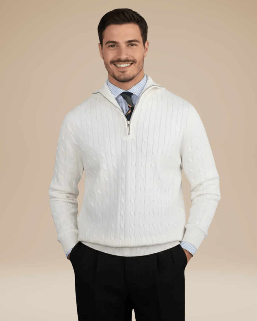 Maglione uomo a trecce elegante con mezza zip, vestibilità regolare per comfort casual autunno inverno.