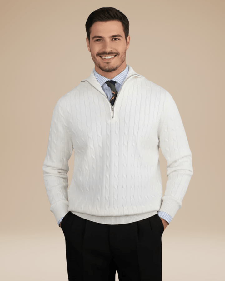Maglione uomo a trecce elegante con mezza zip, vestibilità regolare per comfort casual autunno inverno.