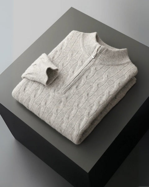 Maglione uomo a trecce con mezza zip. Pullover invernale elegante e caldo per moda uomo classica.